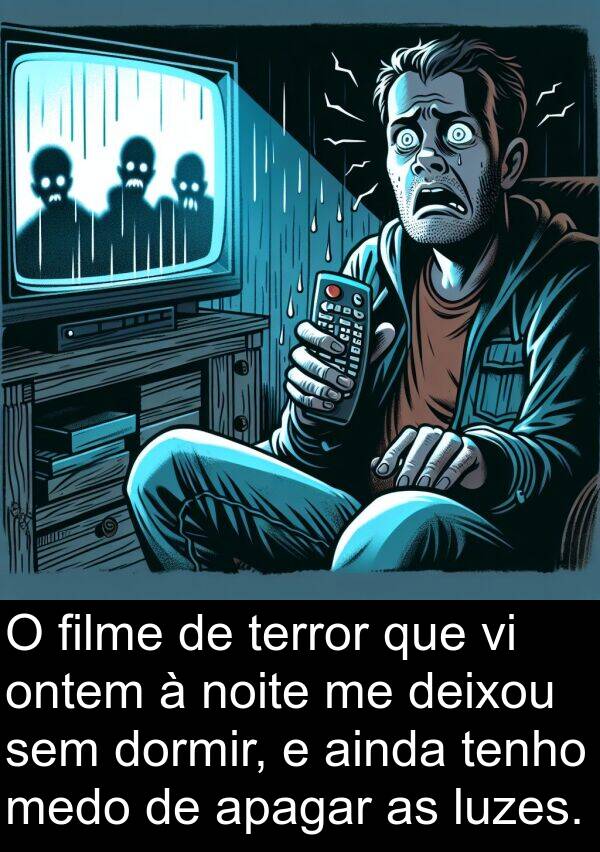 tenho: O filme de terror que vi ontem à noite me deixou sem dormir, e ainda tenho medo de apagar as luzes.