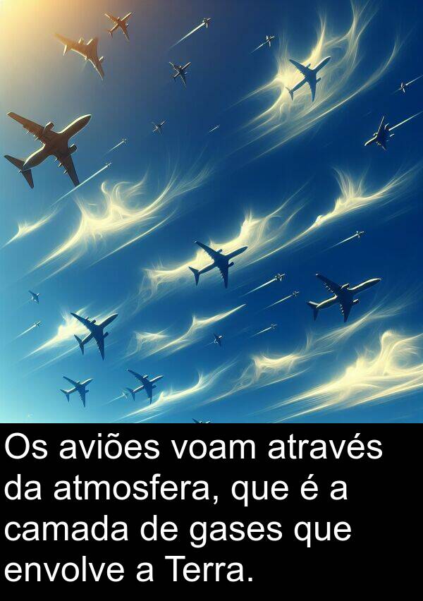 gases: Os aviões voam através da atmosfera, que é a camada de gases que envolve a Terra.