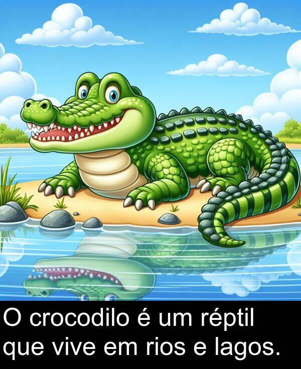 lagos: O crocodilo é um réptil que vive em rios e lagos.