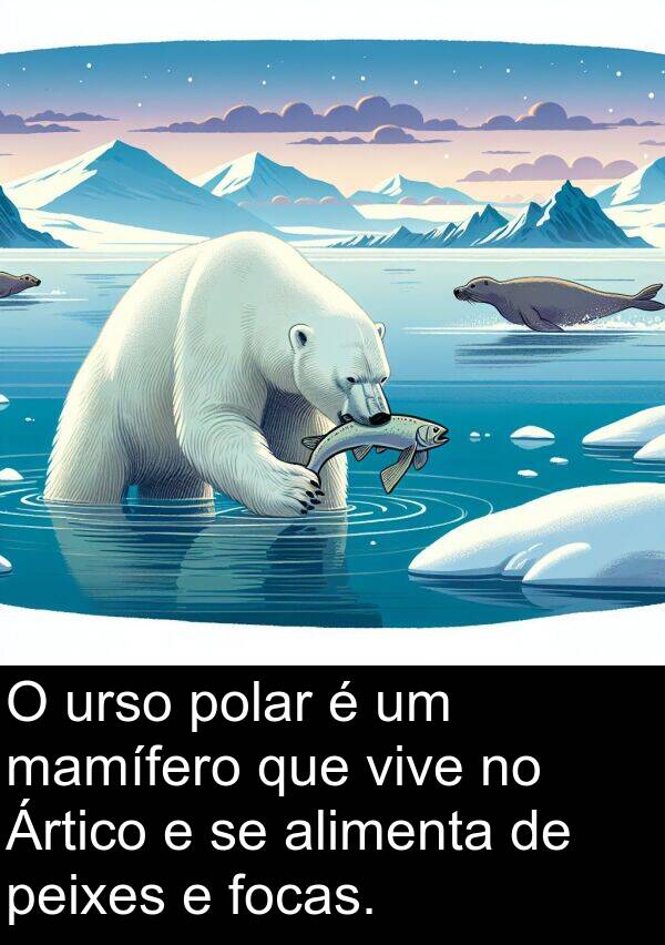 urso: O urso polar é um mamífero que vive no Ártico e se alimenta de peixes e focas.