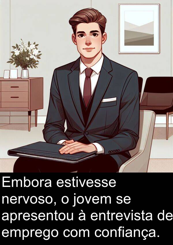 nervoso: Embora estivesse nervoso, o jovem se apresentou à entrevista de emprego com confiança.