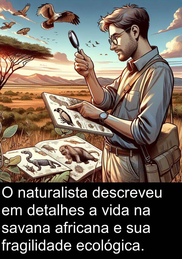 ecológica: O naturalista descreveu em detalhes a vida na savana africana e sua fragilidade ecológica.