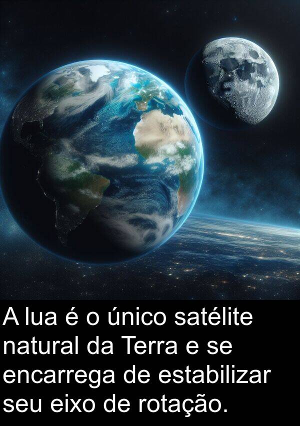 natural: A lua é o único satélite natural da Terra e se encarrega de estabilizar seu eixo de rotação.