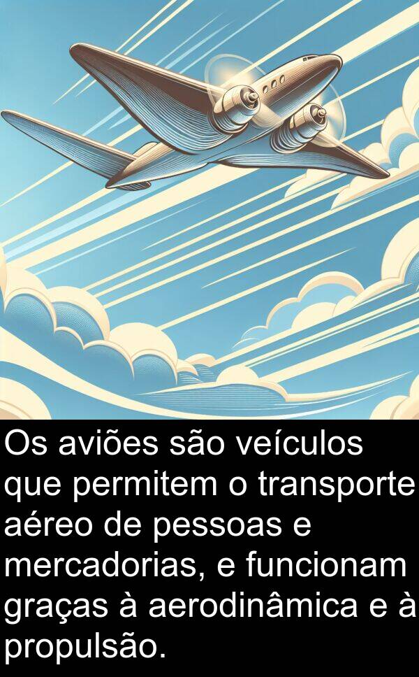 veículos: Os aviões são veículos que permitem o transporte aéreo de pessoas e mercadorias, e funcionam graças à aerodinâmica e à propulsão.