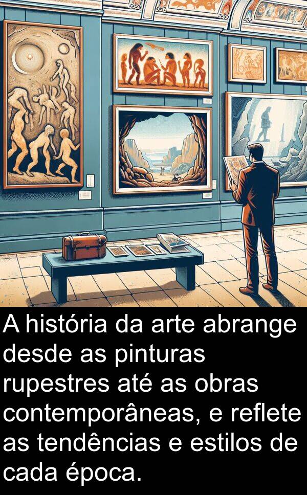 abrange: A história da arte abrange desde as pinturas rupestres até as obras contemporâneas, e reflete as tendências e estilos de cada época.