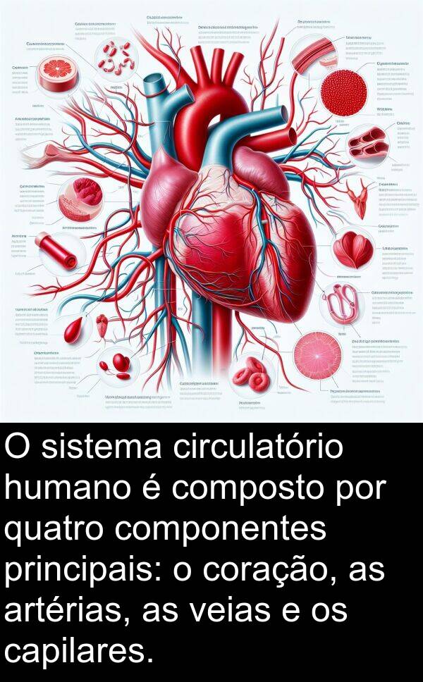 veias: O sistema circulatório humano é composto por quatro componentes principais: o coração, as artérias, as veias e os capilares.