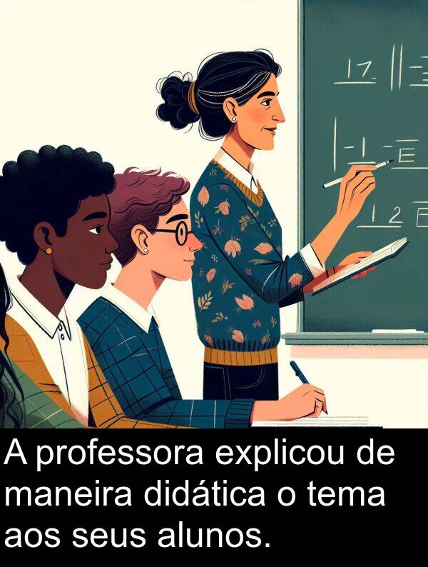 tema: A professora explicou de maneira didática o tema aos seus alunos.