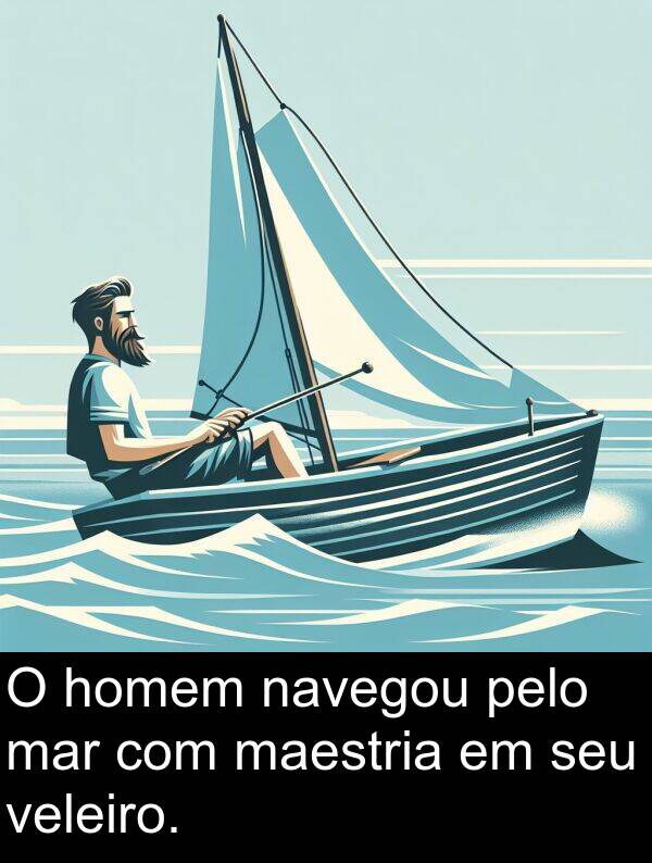 homem: O homem navegou pelo mar com maestria em seu veleiro.