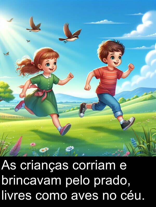 prado: As crianças corriam e brincavam pelo prado, livres como aves no céu.