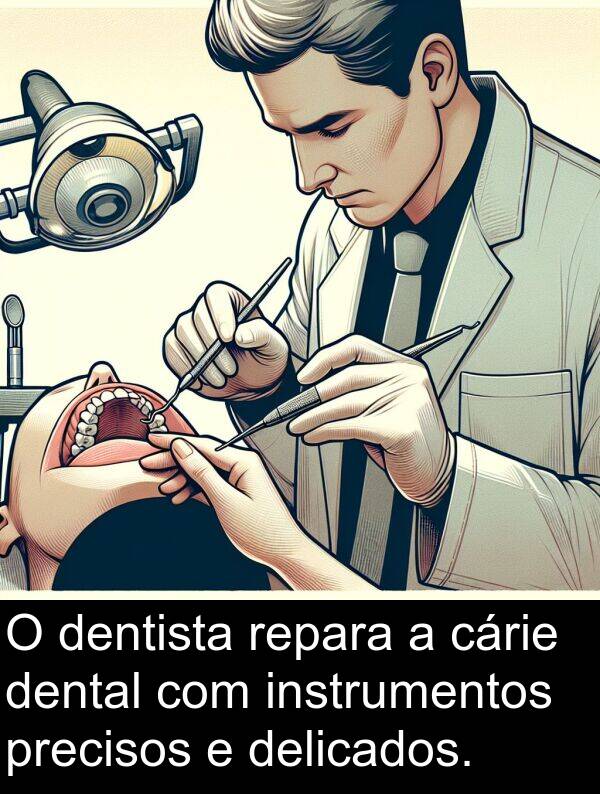 dental: O dentista repara a cárie dental com instrumentos precisos e delicados.