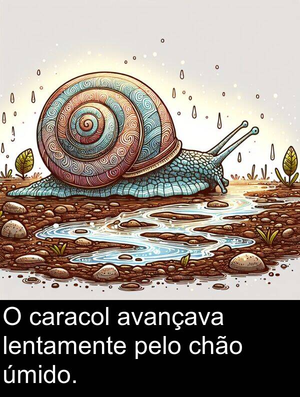 lentamente: O caracol avançava lentamente pelo chão úmido.