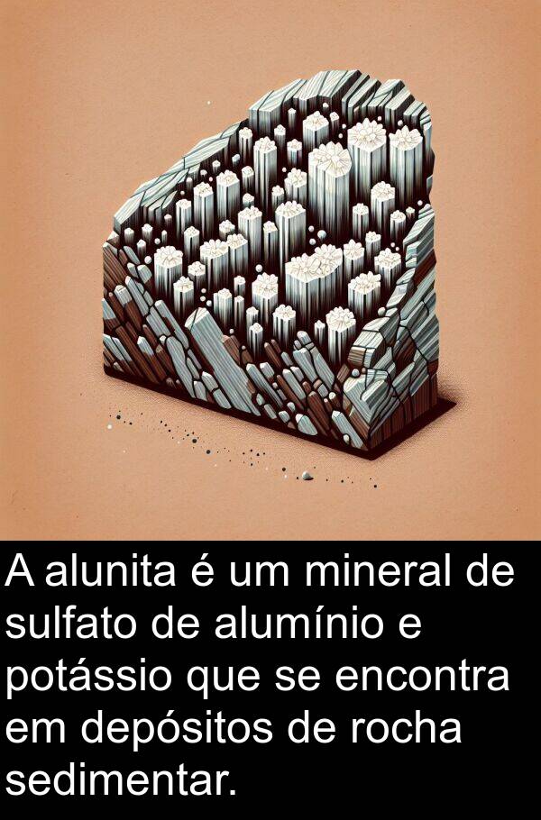 mineral: A alunita é um mineral de sulfato de alumínio e potássio que se encontra em depósitos de rocha sedimentar.