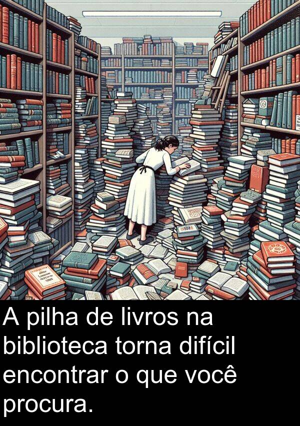 biblioteca: A pilha de livros na biblioteca torna difícil encontrar o que você procura.