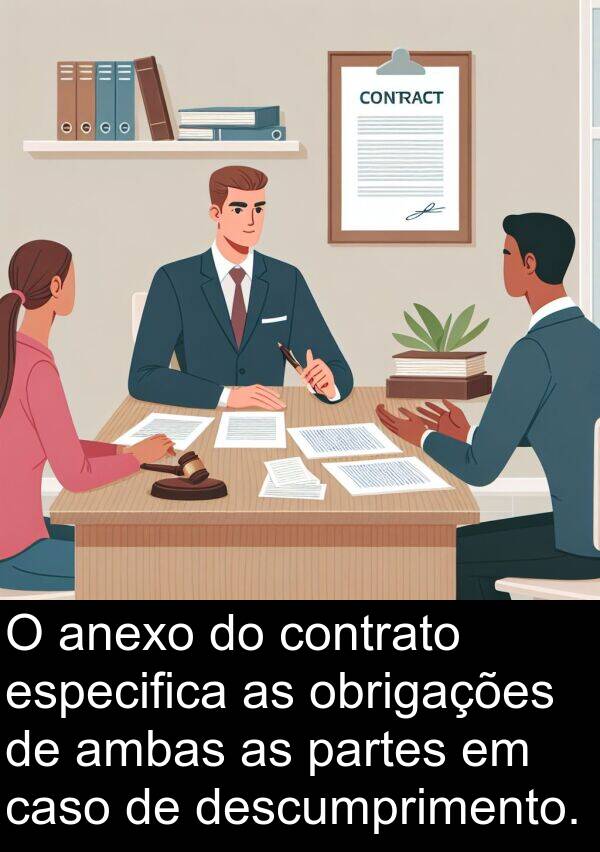 obrigações: O anexo do contrato especifica as obrigações de ambas as partes em caso de descumprimento.