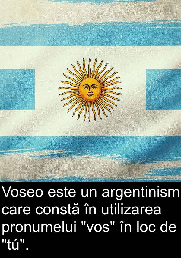 utilizarea: Voseo este un argentinism care constă în utilizarea pronumelui "vos" în loc de "tú".