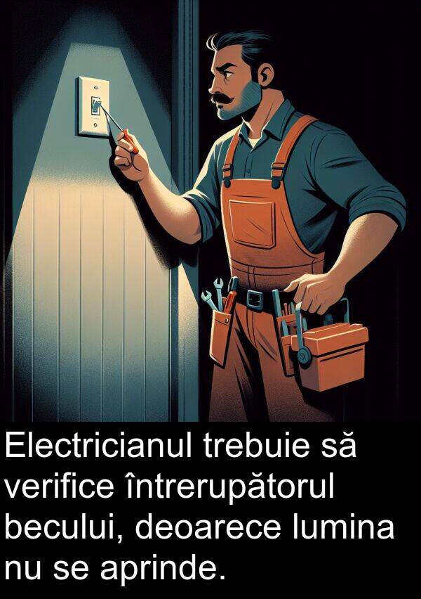 deoarece: Electricianul trebuie să verifice întrerupătorul becului, deoarece lumina nu se aprinde.