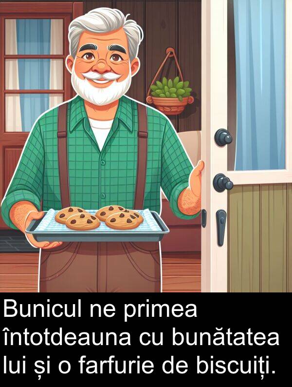 farfurie: Bunicul ne primea întotdeauna cu bunătatea lui și o farfurie de biscuiți.