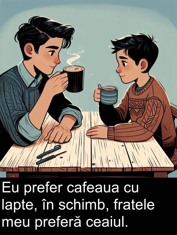 lapte: Eu prefer cafeaua cu lapte, în schimb, fratele meu preferă ceaiul.