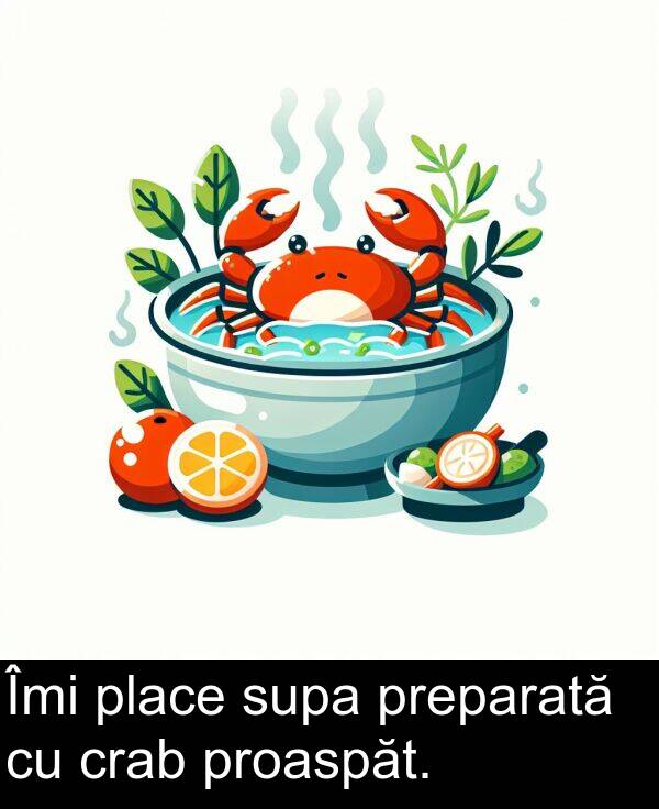 supa: Îmi place supa preparată cu crab proaspăt.