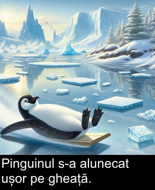 alunecat: Pinguinul s-a alunecat ușor pe gheață.