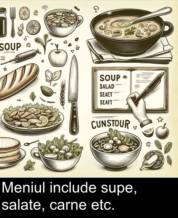 salate: Meniul include supe, salate, carne etc.