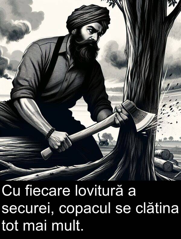 securei: Cu fiecare lovitură a securei, copacul se clătina tot mai mult.