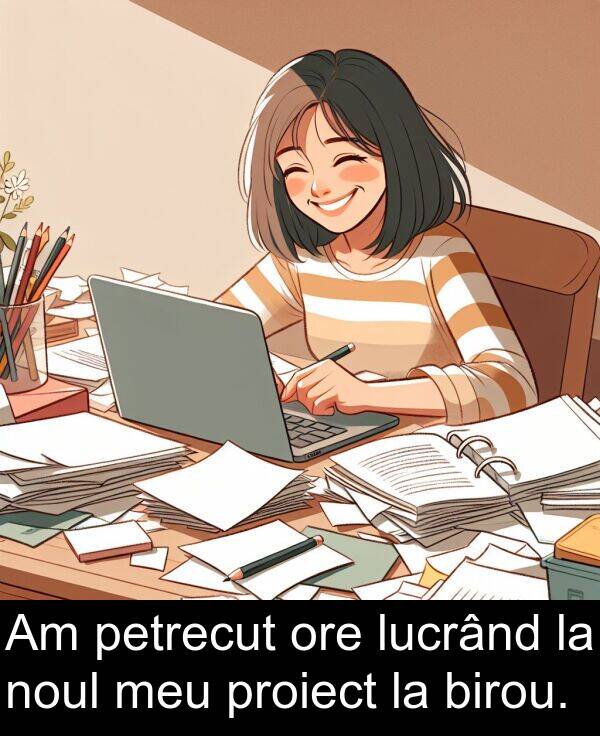 noul: Am petrecut ore lucrând la noul meu proiect la birou.