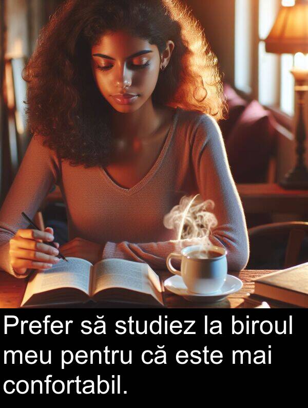 studiez: Prefer să studiez la biroul meu pentru că este mai confortabil.