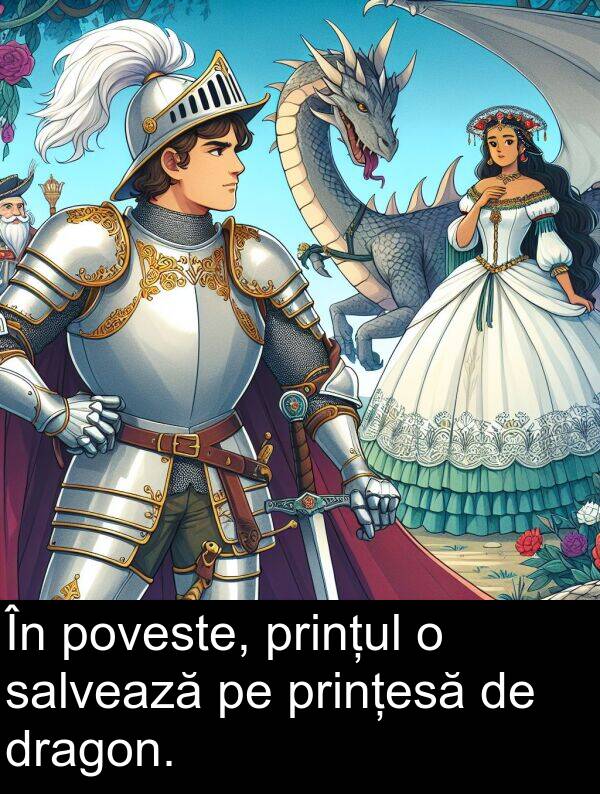 salvează: În poveste, prințul o salvează pe prințesă de dragon.