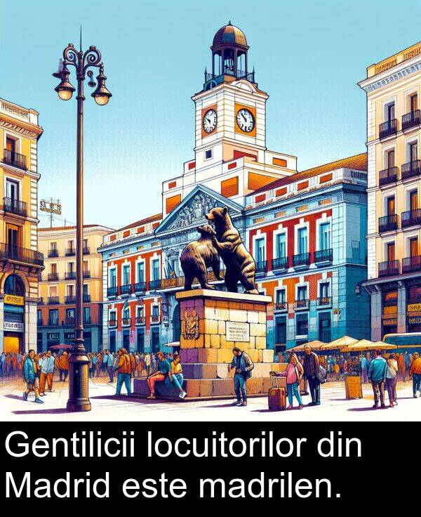 madrilen: Gentilicii locuitorilor din Madrid este madrilen.