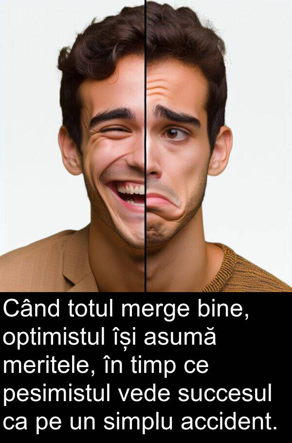 optimistul: Când totul merge bine, optimistul își asumă meritele, în timp ce pesimistul vede succesul ca pe un simplu accident.