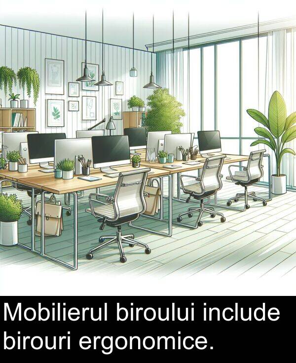 include: Mobilierul biroului include birouri ergonomice.