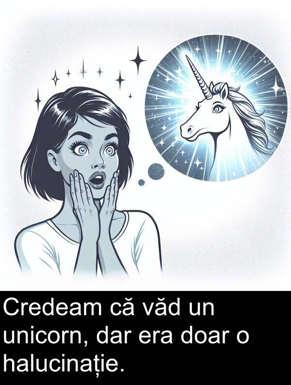 halucinație: Credeam că văd un unicorn, dar era doar o halucinație.