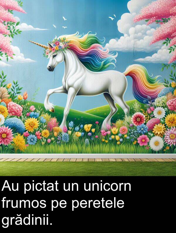 unicorn: Au pictat un unicorn frumos pe peretele grădinii.