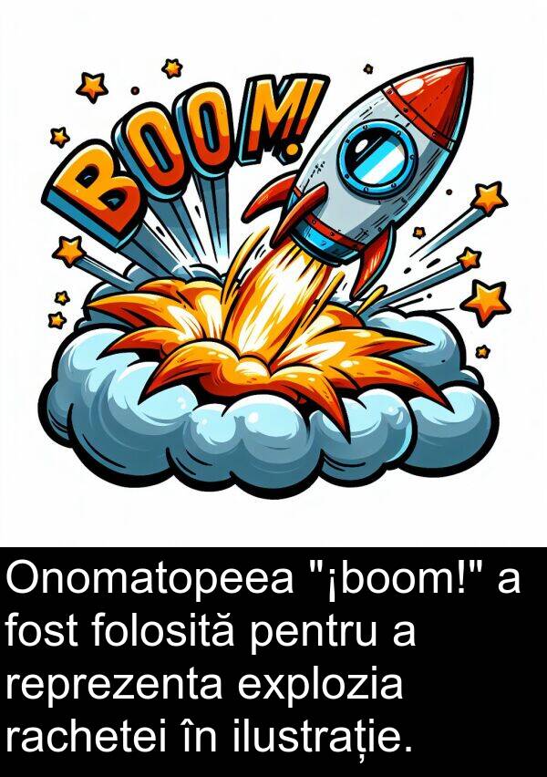 ilustrație: Onomatopeea "¡boom!" a fost folosită pentru a reprezenta explozia rachetei în ilustrație.