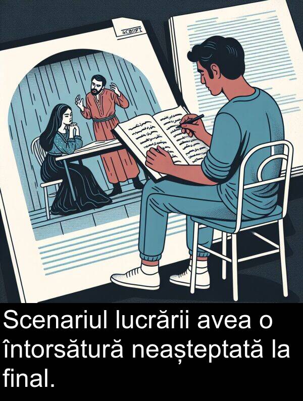 neașteptată: Scenariul lucrării avea o întorsătură neașteptată la final.