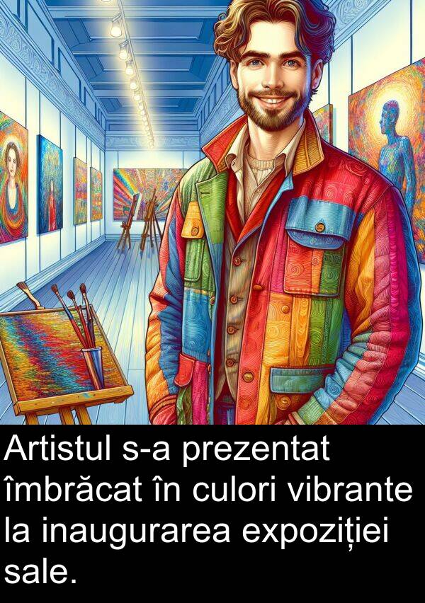 îmbrăcat: Artistul s-a prezentat îmbrăcat în culori vibrante la inaugurarea expoziției sale.