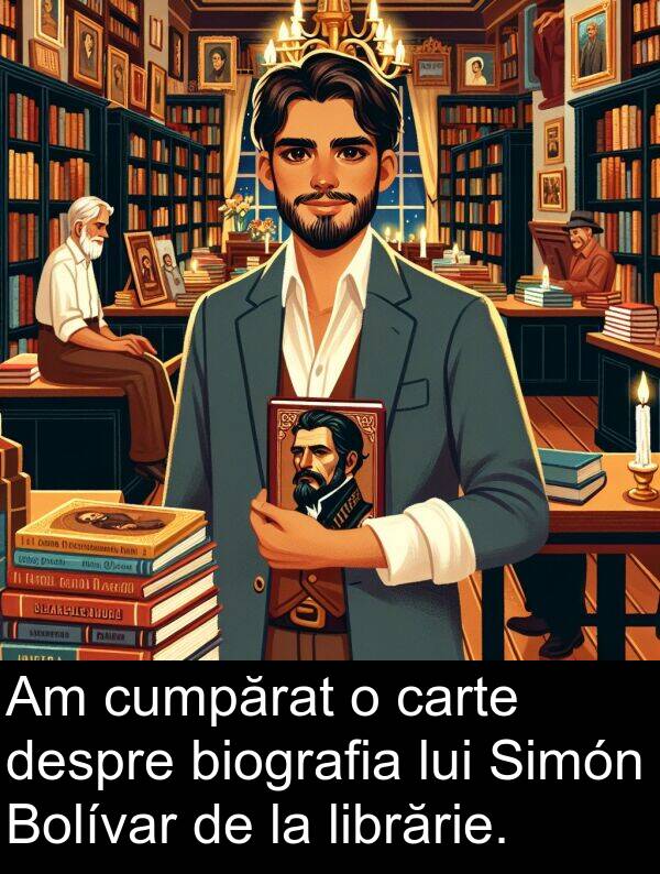 despre: Am cumpărat o carte despre biografia lui Simón Bolívar de la librărie.