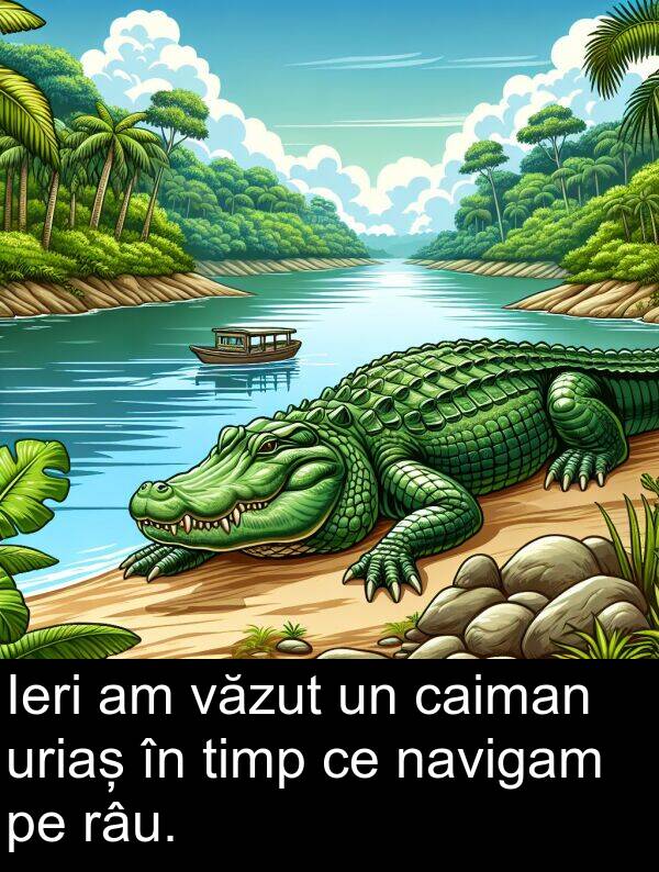 navigam: Ieri am văzut un caiman uriaș în timp ce navigam pe râu.