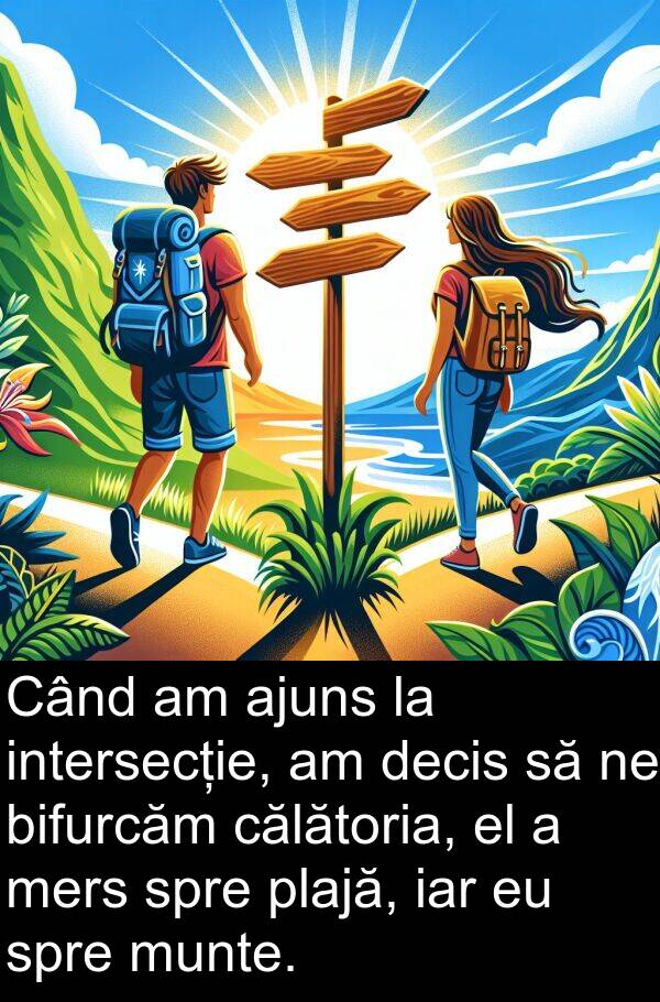 iar: Când am ajuns la intersecție, am decis să ne bifurcăm călătoria, el a mers spre plajă, iar eu spre munte.