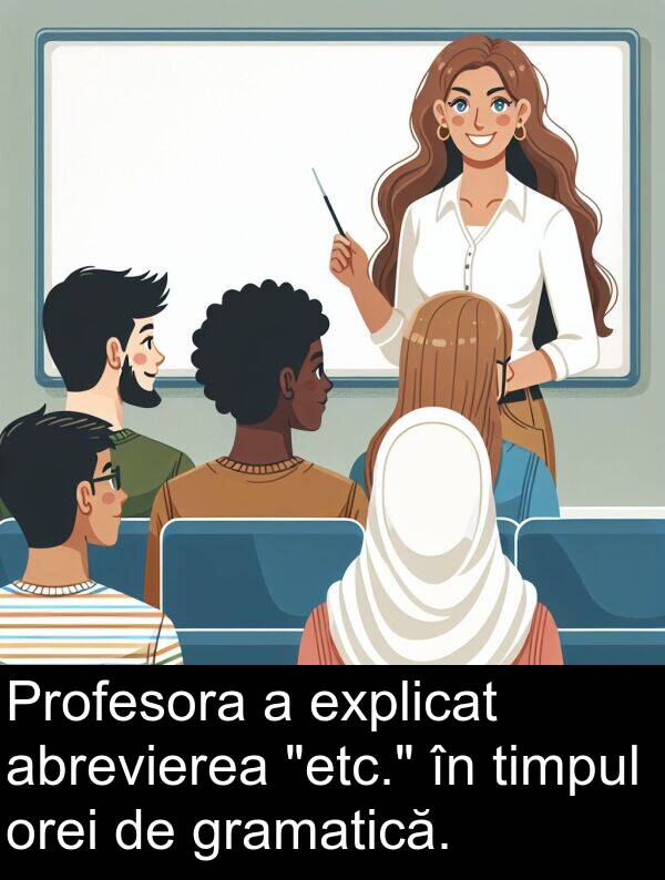 abrevierea: Profesora a explicat abrevierea "etc." în timpul orei de gramatică.