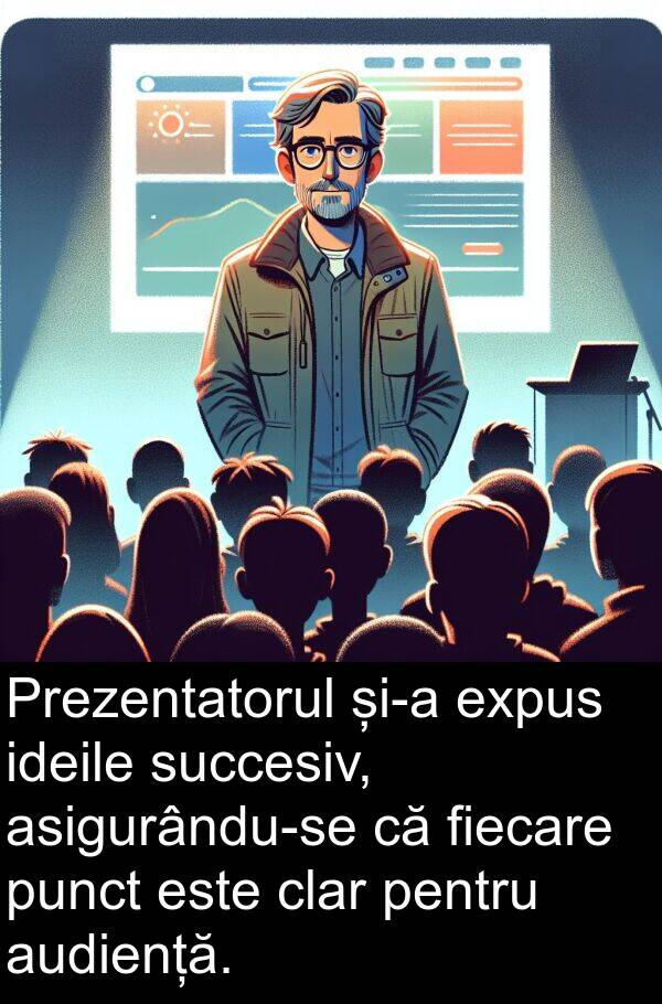 ideile: Prezentatorul și-a expus ideile succesiv, asigurându-se că fiecare punct este clar pentru audiență.