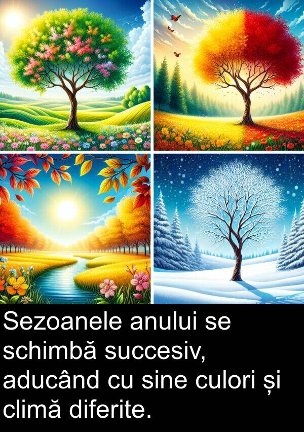 succesiv: Sezoanele anului se schimbă succesiv, aducând cu sine culori și climă diferite.