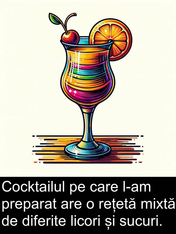 diferite: Cocktailul pe care l-am preparat are o rețetă mixtă de diferite licori și sucuri.