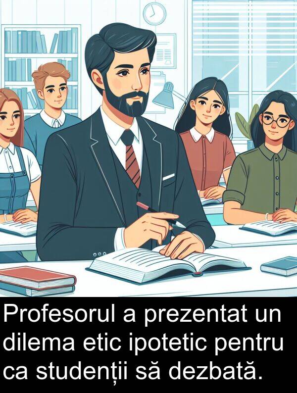 dilema: Profesorul a prezentat un dilema etic ipotetic pentru ca studenții să dezbată.