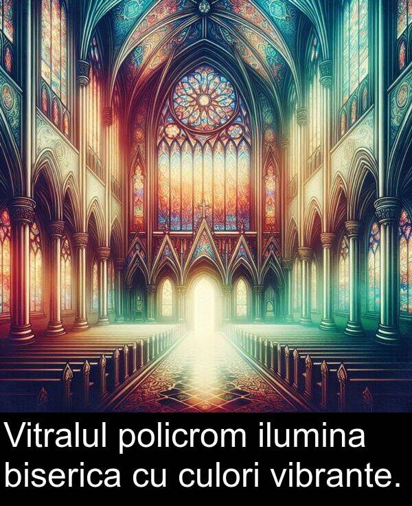 ilumina: Vitralul policrom ilumina biserica cu culori vibrante.