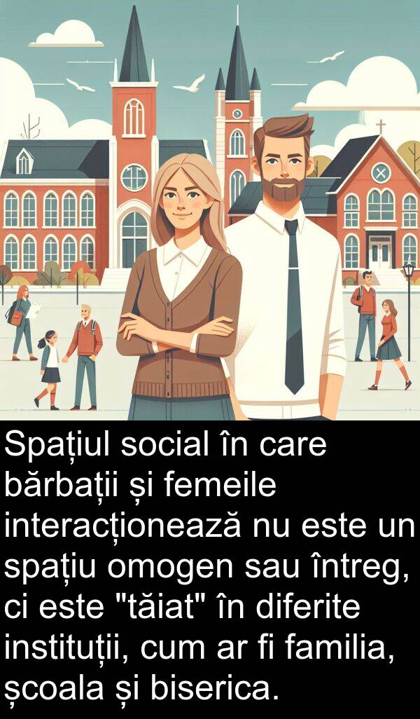 bărbații: Spațiul social în care bărbații și femeile interacționează nu este un spațiu omogen sau întreg, ci este "tăiat" în diferite instituții, cum ar fi familia, școala și biserica.