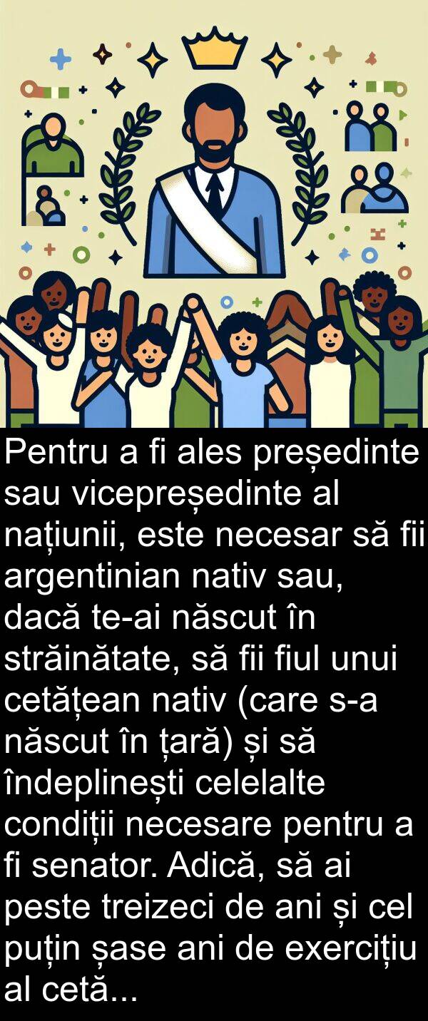 unui: Pentru a fi ales președinte sau vicepreședinte al națiunii, este necesar să fii argentinian nativ sau, dacă te-ai născut în străinătate, să fii fiul unui cetățean nativ (care s-a născut în țară) și să îndeplinești celelalte condiții necesare pentru a fi senator. Adică, să ai peste treizeci de ani și cel puțin șase ani de exercițiu al cetățeniei.