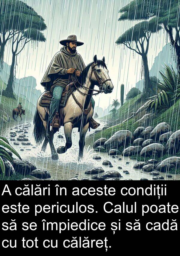 călări: A călări în aceste condiții este periculos. Calul poate să se împiedice și să cadă cu tot cu călăreț.