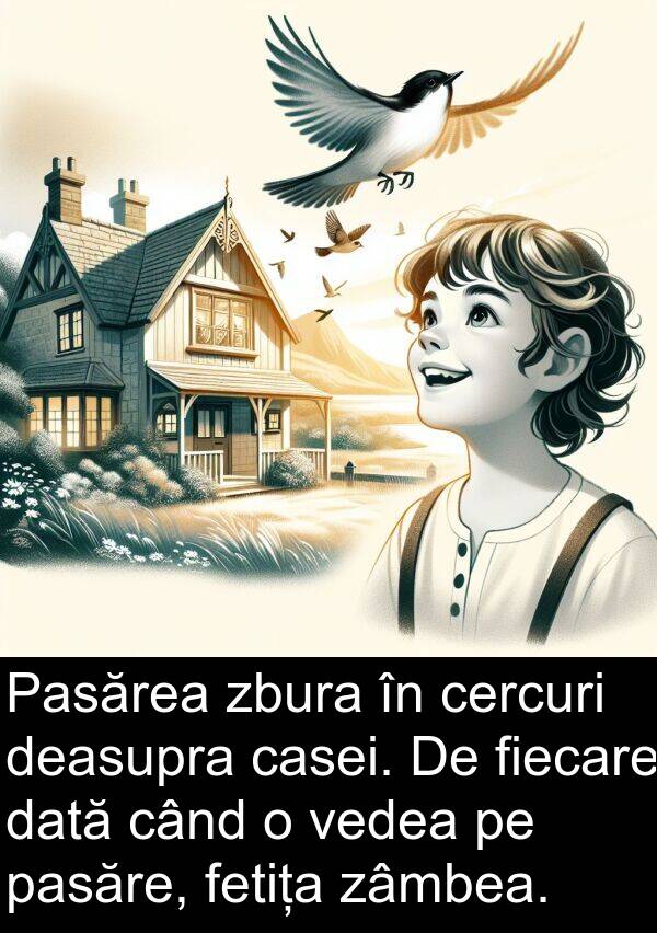 deasupra: Pasărea zbura în cercuri deasupra casei. De fiecare dată când o vedea pe pasăre, fetița zâmbea.